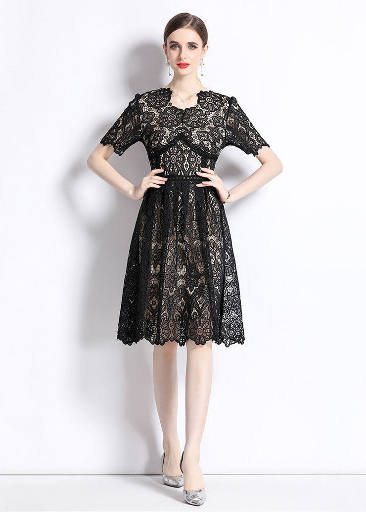 Modern Black Hollow Out Wrinkled Patchwork Lace Mid Dress Summer