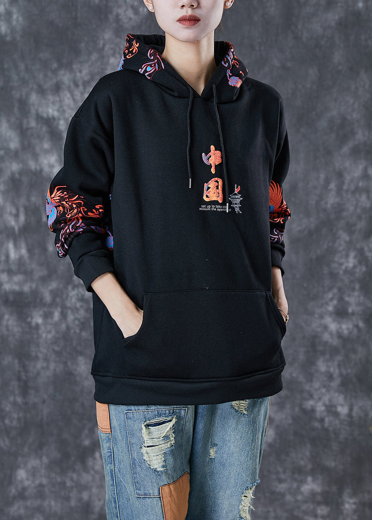 Modern Black Hooded Chinese Print Warm Fleece Loose Sweatshirts Top Winter