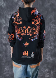 Modern Black Hooded Chinese Print Warm Fleece Loose Sweatshirts Top Winter