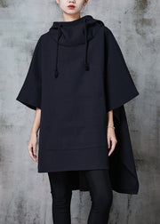 Modern Black Hooded Drawstring Cotton Loose Sweatshirts Dress Spring