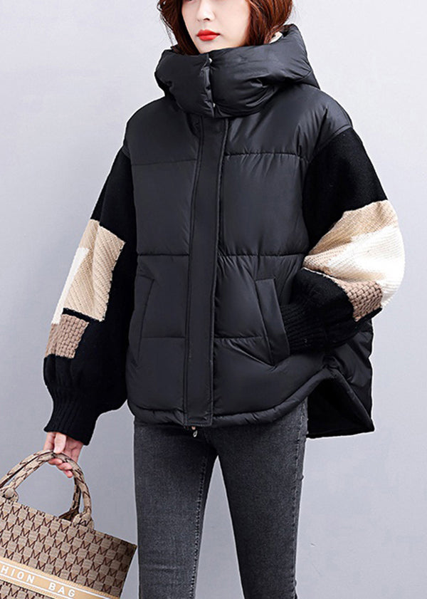 Modern Black Hooded Knit Patchwork Duck Down Jacket Winter