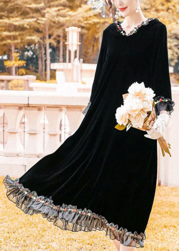 Modern Black Hooded Patchwork Ruffles Silk Velour Long Dress Spring