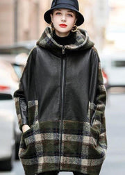 Modern Black Hooded Patchwork Sheepskin Wool Coats Winter