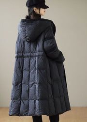 Modern Black Hooded Patchwork Tie Waist Duck Down Puffer Jacket Winter