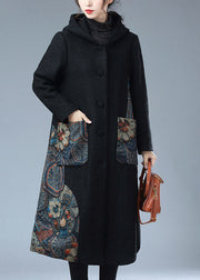 Modern Black Hooded Print Warm Fleece Woolen Trench Coat Winter