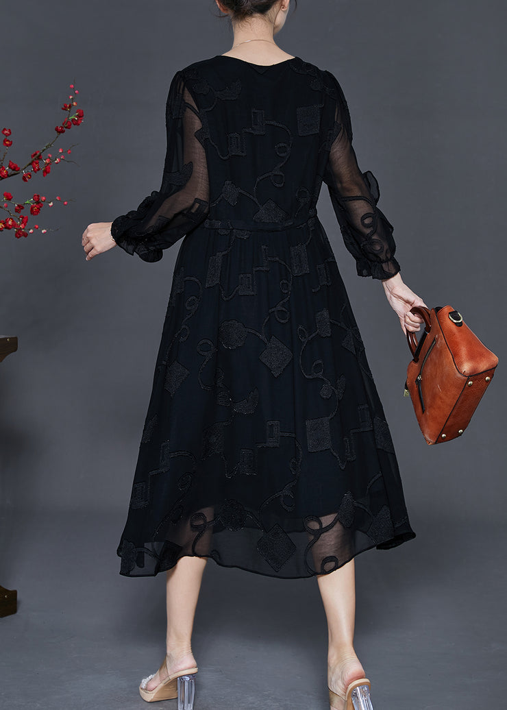 Modern Black Jacquard Tasseled Silk Maxi Dresses Fall