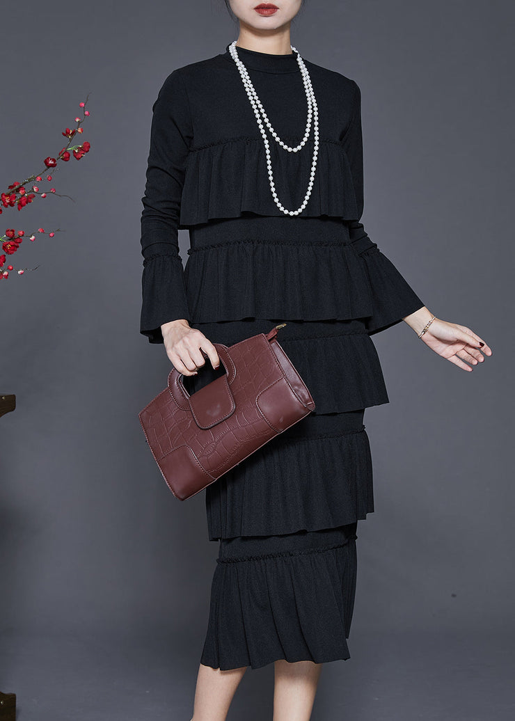 Modern Black Layered Ruffles Silm Fit Cotton Dress Spring