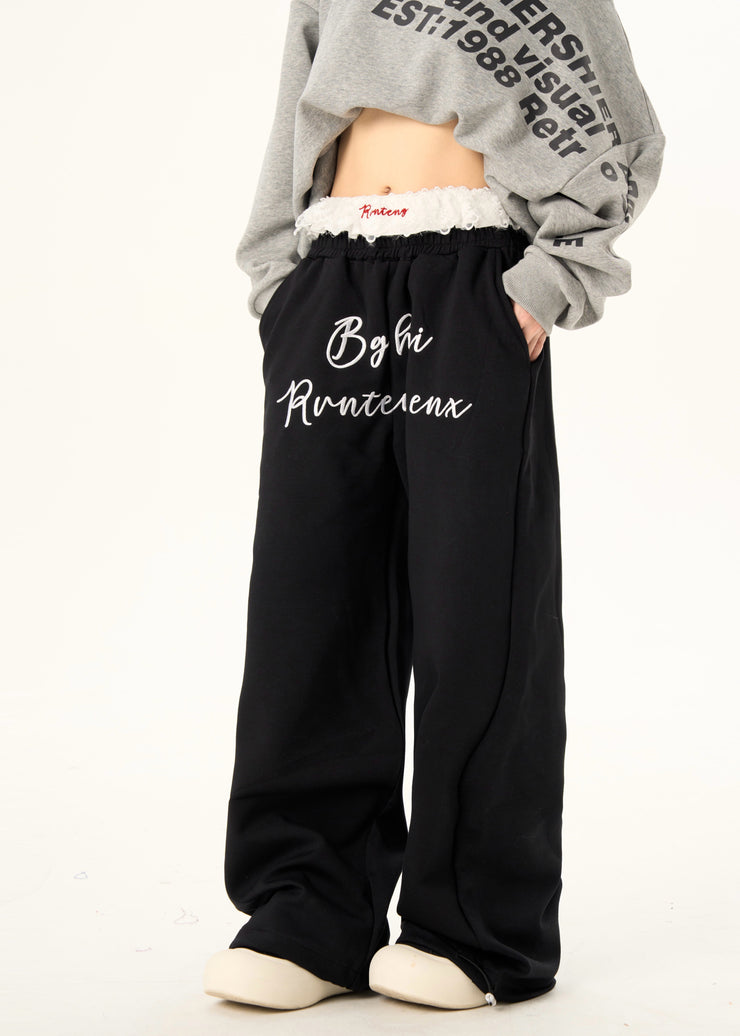 Modern Black Letter Print Cotton Straight Pants Spring