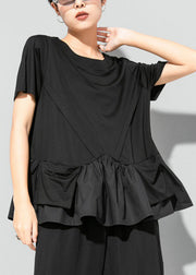 Modern Black O-Neck Cinched Patchwork Pockets T Shirt Short Sleeve