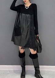 Modern Black O-Neck Embroideried Knit Patchwork Faux Leather Mid Dress Winter