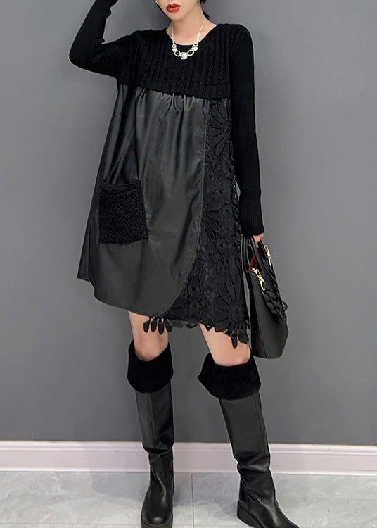 Modern Black O-Neck Embroideried Knit Patchwork Faux Leather Mid Dress Winter