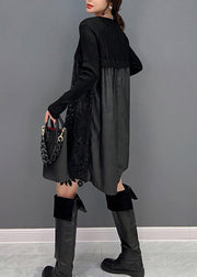 Modern Black O-Neck Embroideried Knit Patchwork Faux Leather Mid Dress Winter