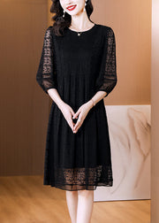 Modern Black O Neck Embroideried Patchwork Silk Mid Dress Fall