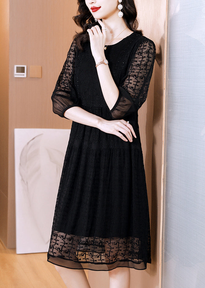 Modern Black O Neck Embroideried Patchwork Silk Mid Dress Fall