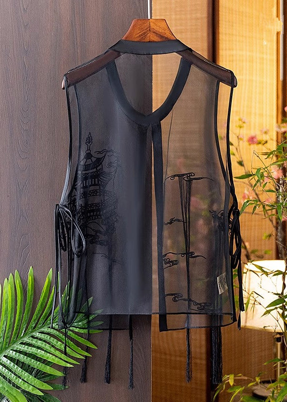 Modern Black O-Neck Embroideried Silk Waistcoat Summer