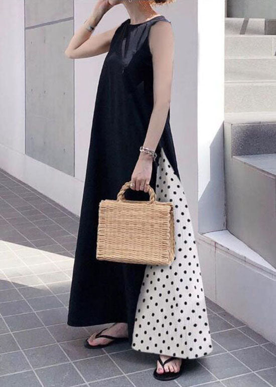 Modern Black O Neck Patchwork Cotton Tank Maxi Dresses Sleeveless