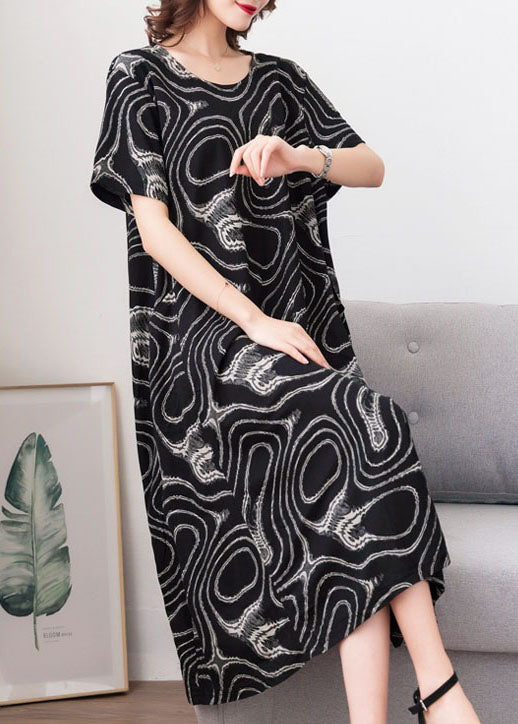 Modern Black O Neck Print Pockets Patchwork Cotton Dress Summer