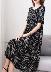 Modern Black O Neck Print Pockets Patchwork Cotton Dress Summer