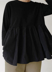 Modern Black O-Neck Ruffled Patchwork Cotton T Shirt Top Spring