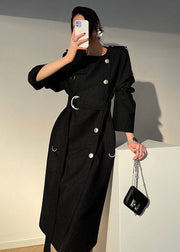 Modern Black O-Neck Sashes Original Design Wool Trench Long Sleeve