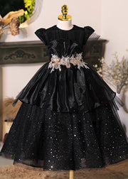 Modern Black O-Neck Sequins Tulle Girls Long Dresses Short Sleeve