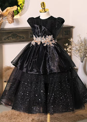 Modern Black O-Neck Sequins Tulle Girls Long Dresses Short Sleeve