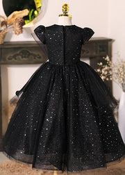 Modern Black O-Neck Sequins Tulle Girls Long Dresses Short Sleeve