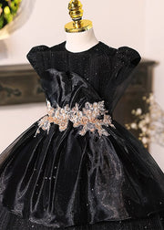 Modern Black O-Neck Sequins Tulle Girls Long Dresses Short Sleeve