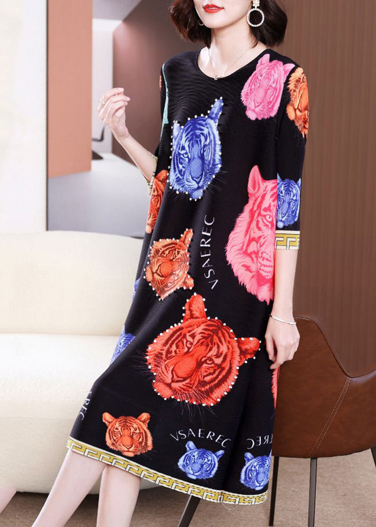 Modern Black O-Neck Tiger Print Wrinkled Long Dress Summer