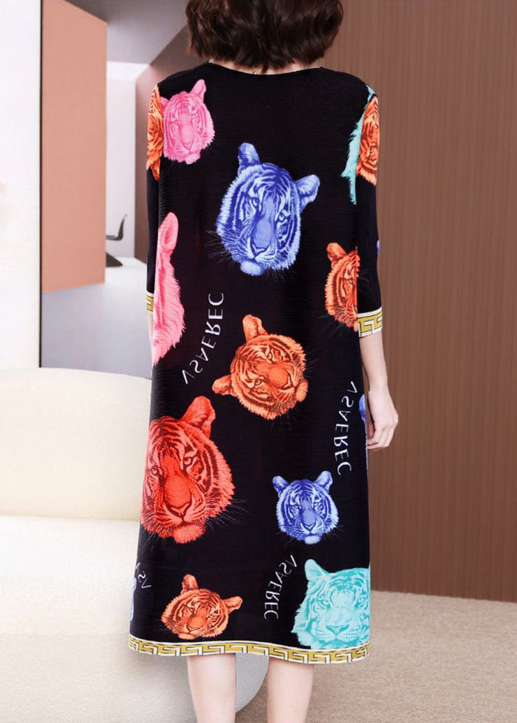 Modern Black O-Neck Tiger Print Wrinkled Long Dress Summer