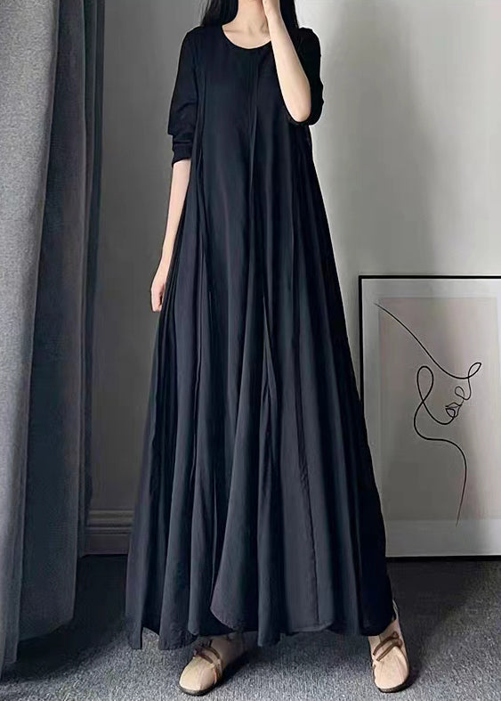 Modern Black O Neck Wrinkled Patchwork Cotton Maxi Dresses Fall