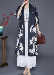 Modern Black Oversized Crane Print Linen Long Cardigans Half Sleeve