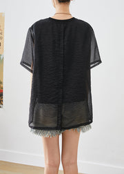 Modern Black Oversized Fake Two Piece Tulle UPF 50+ Tops Summer