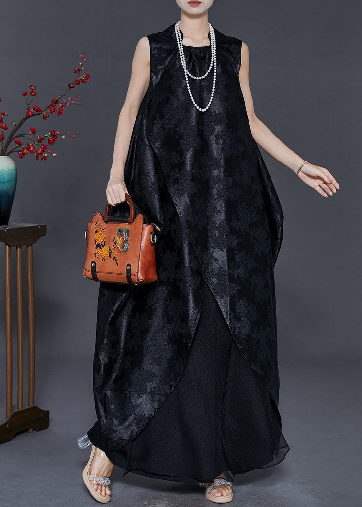 Modern Black Oversized Jacquard Silk Holiday Dress Sleeveless