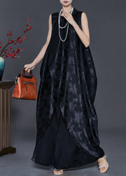 Modern Black Oversized Jacquard Silk Holiday Dress Sleeveless