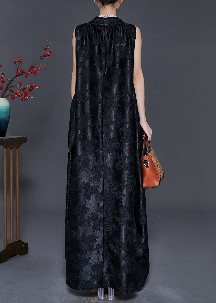 Modern Black Oversized Jacquard Silk Holiday Dress Sleeveless