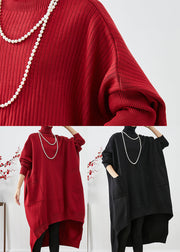 Modern Black Oversized Low High Design Knit Sweater Dress Batwing Sleeve