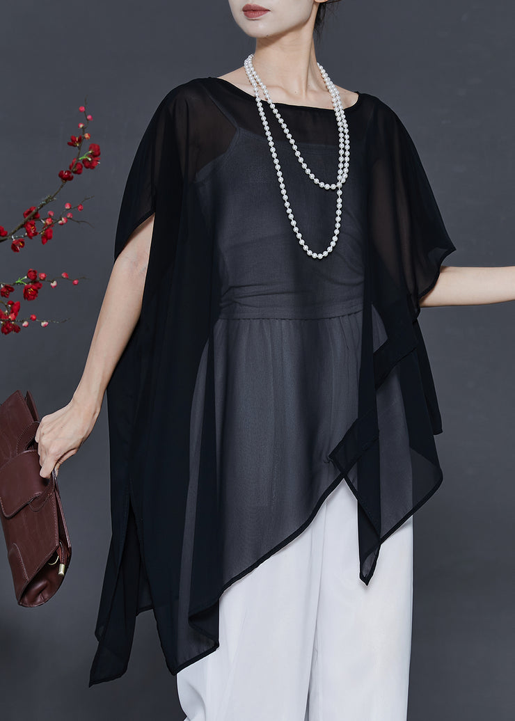 Modern Black Oversized Patchwork Chiffon Tank Tops Summer