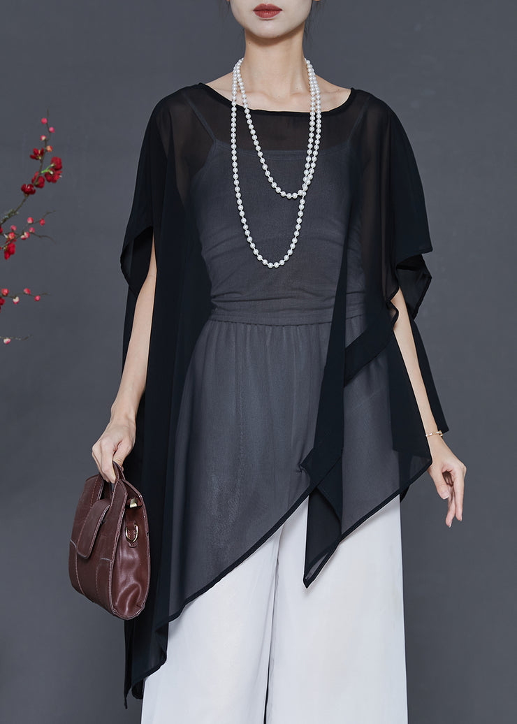 Modern Black Oversized Patchwork Chiffon Tank Tops Summer