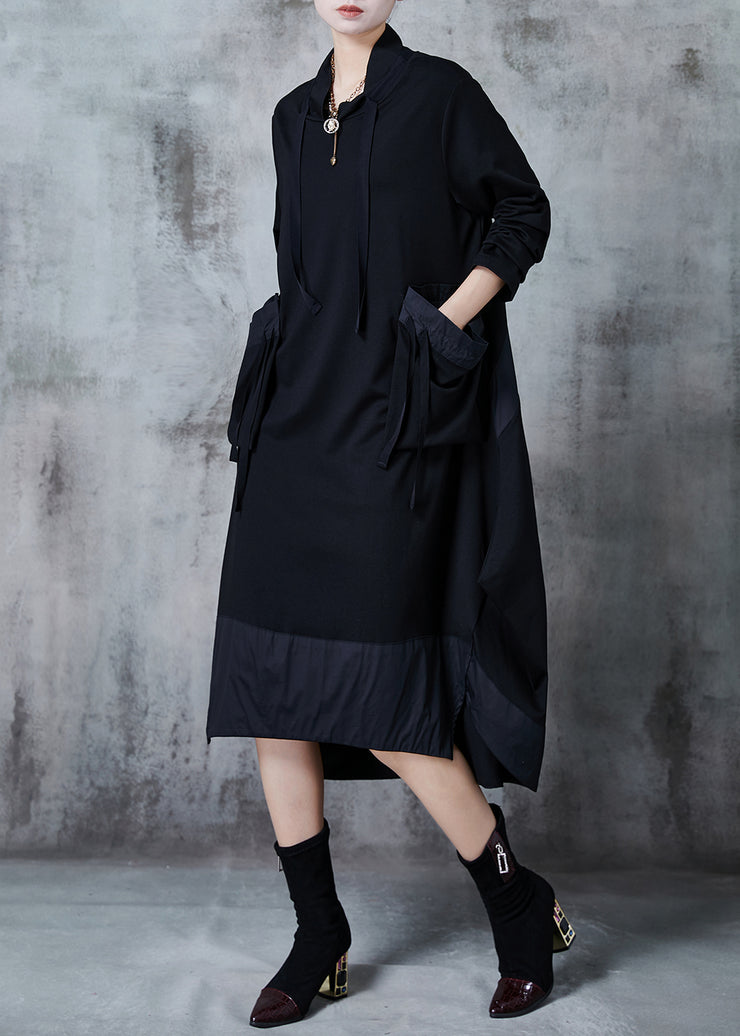 Modern Black Oversized Patchwork Cotton Long Dress Spring