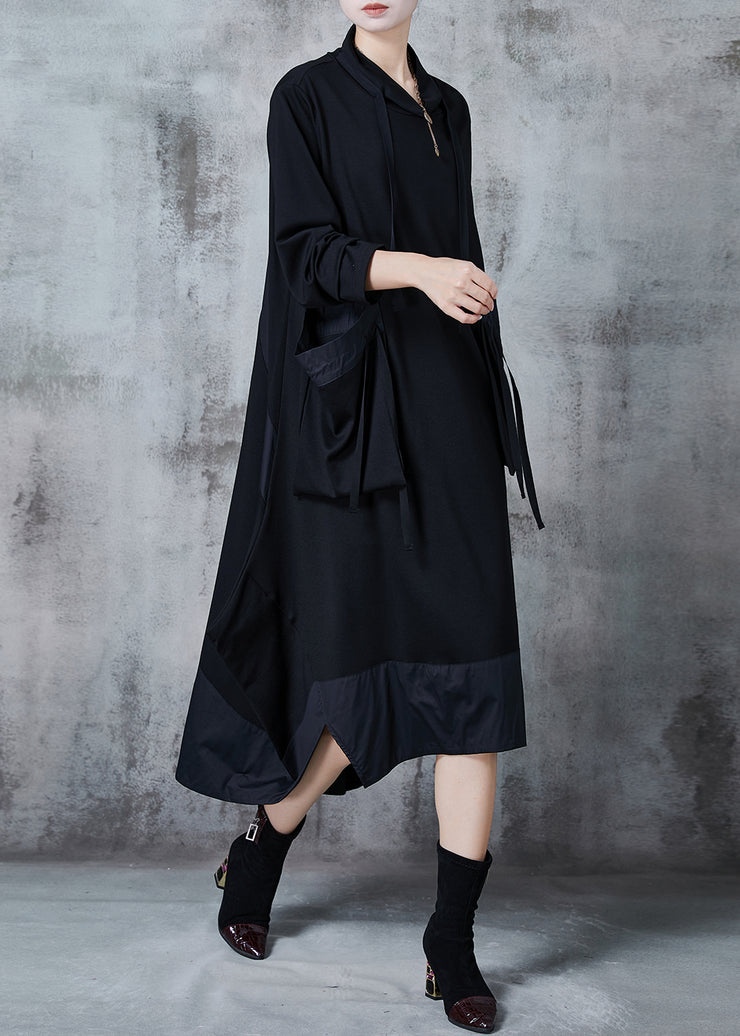 Modern Black Oversized Patchwork Cotton Long Dress Spring