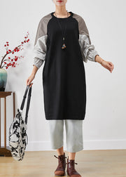 Modern Black Oversized Patchwork Cotton Sweatshirt Dress Fall