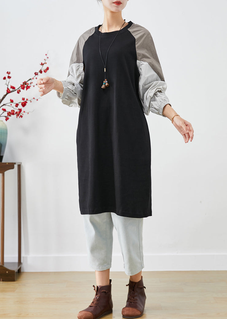 Modern Black Oversized Patchwork Cotton Sweatshirt Dress Fall