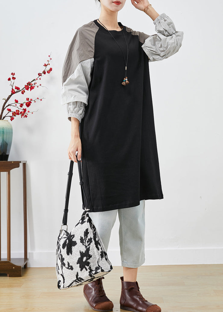 Modern Black Oversized Patchwork Cotton Sweatshirt Dress Fall