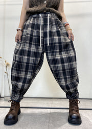 Modern Black Oversized Plaid Warm Fleece Pants Winter