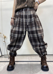 Modern Black Oversized Plaid Warm Fleece Pants Winter