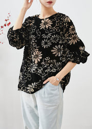 Modern Black Oversized Print Silk Velour Shirt Top Fall