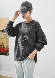 Modern Black Oversized Rose Print Cotton Sweatshirts Top Fall