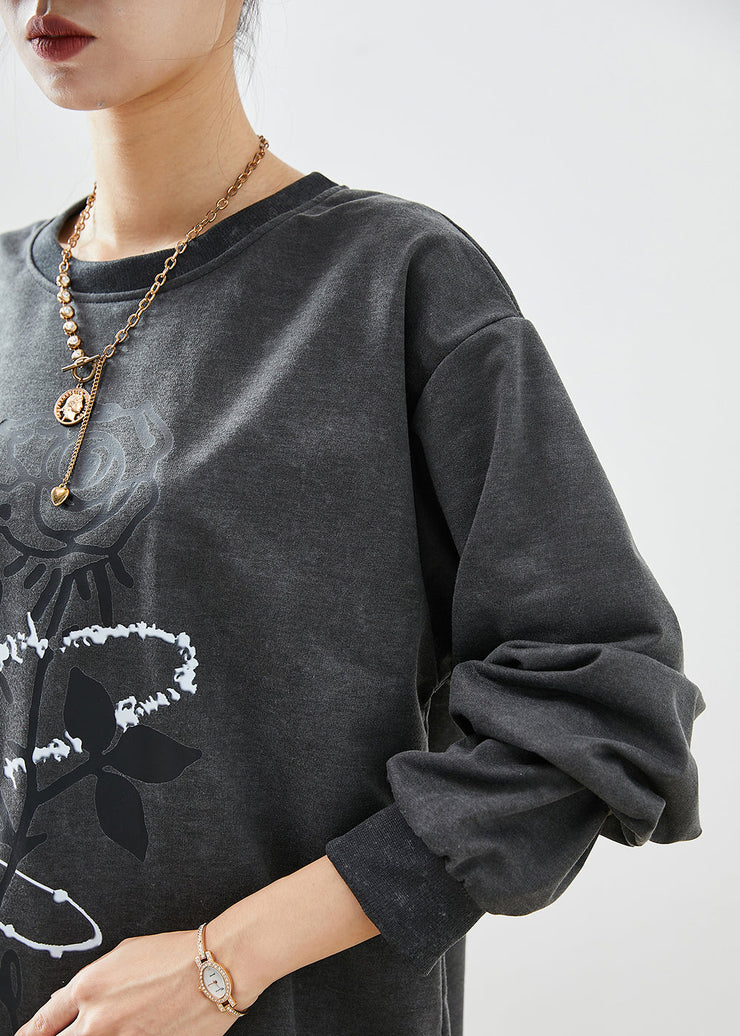 Modern Black Oversized Rose Print Cotton Sweatshirts Top Fall