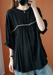 Modern Black Patchwork Button Chiffon T Shirt Summer